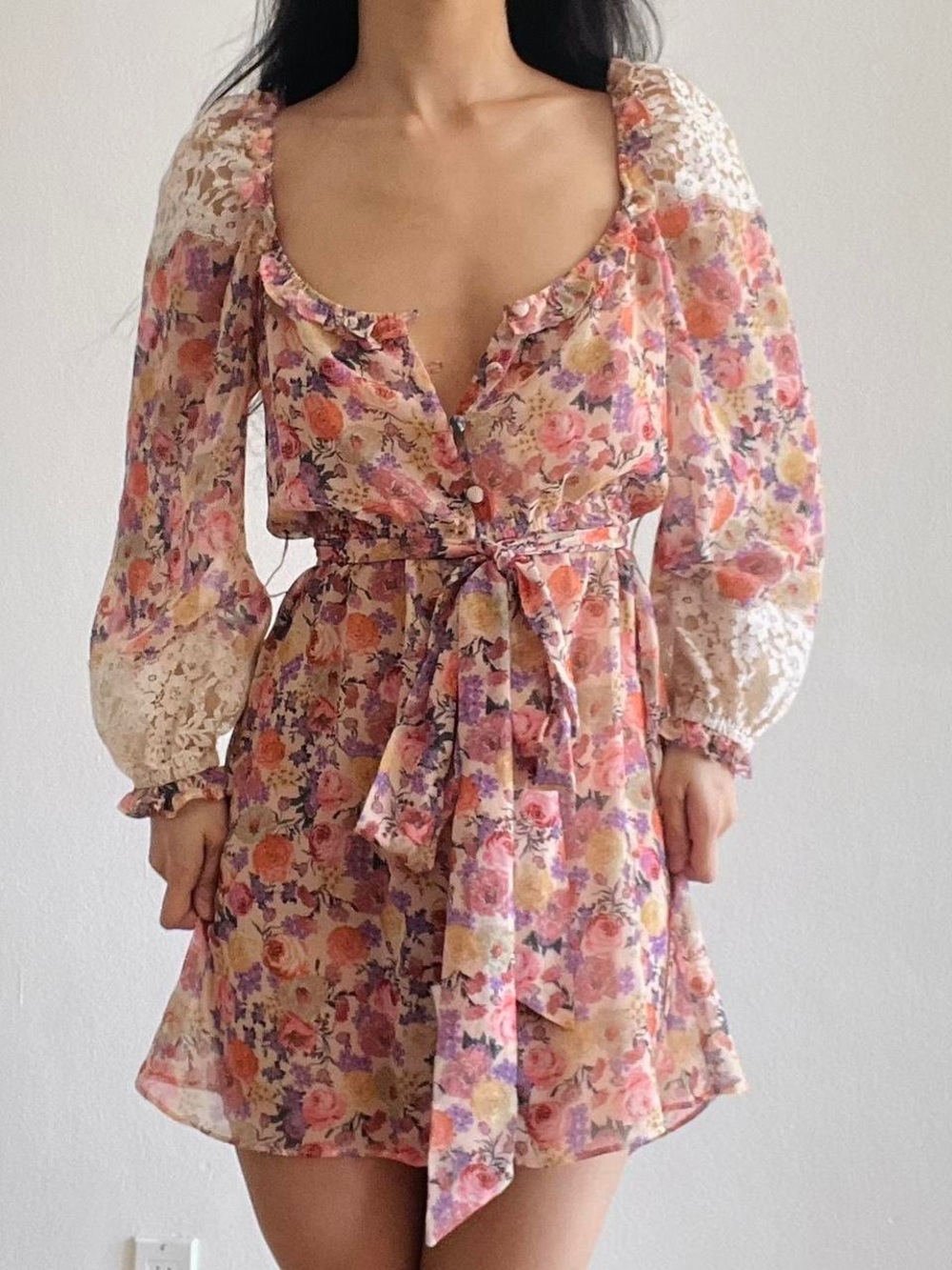 For Love & Lemons Pastel Floral Chiffon Dress in Peach, Pink & Lavender - Picture 2 of 7
